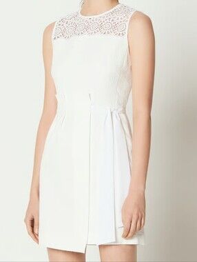 SANDRO PARIS WHITE EYELET COTTON CREAM BELTED MINI DRESS EU 36, US S, NEW